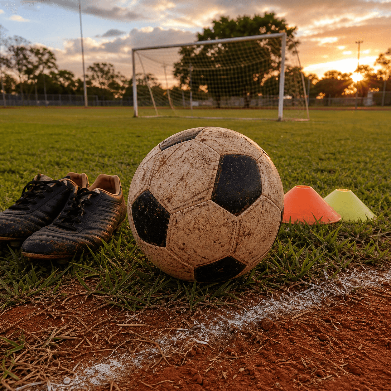 A worn soccer ball, boots, and cones on grass near red dirt