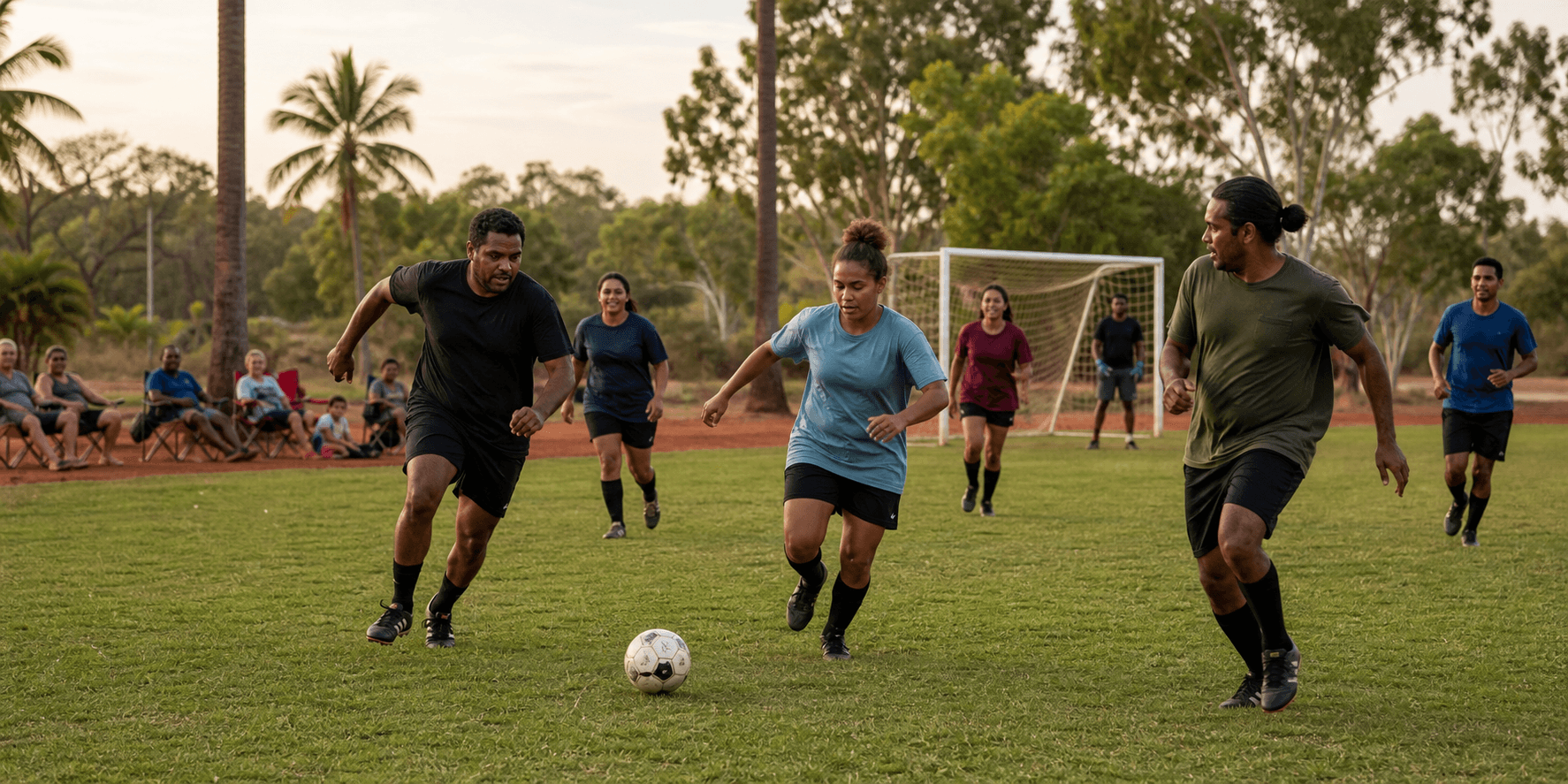 Players chasing a soccer ball during a friendly community tournament